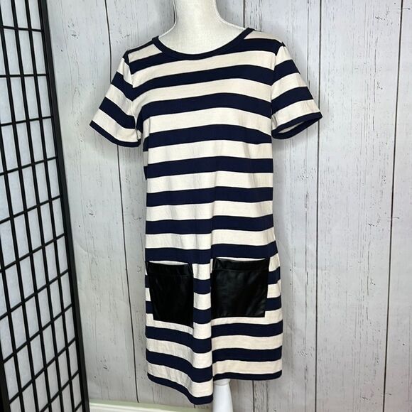 J. Crew Light Tan & Blue Striped Dress w/Faux Leather Pockets - Medium - Picture 2 of 7